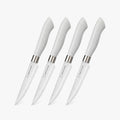 EcoCut 4-piece steak knife set with grey ergonomic handles and micro-serrated high-carbon German steel blades.