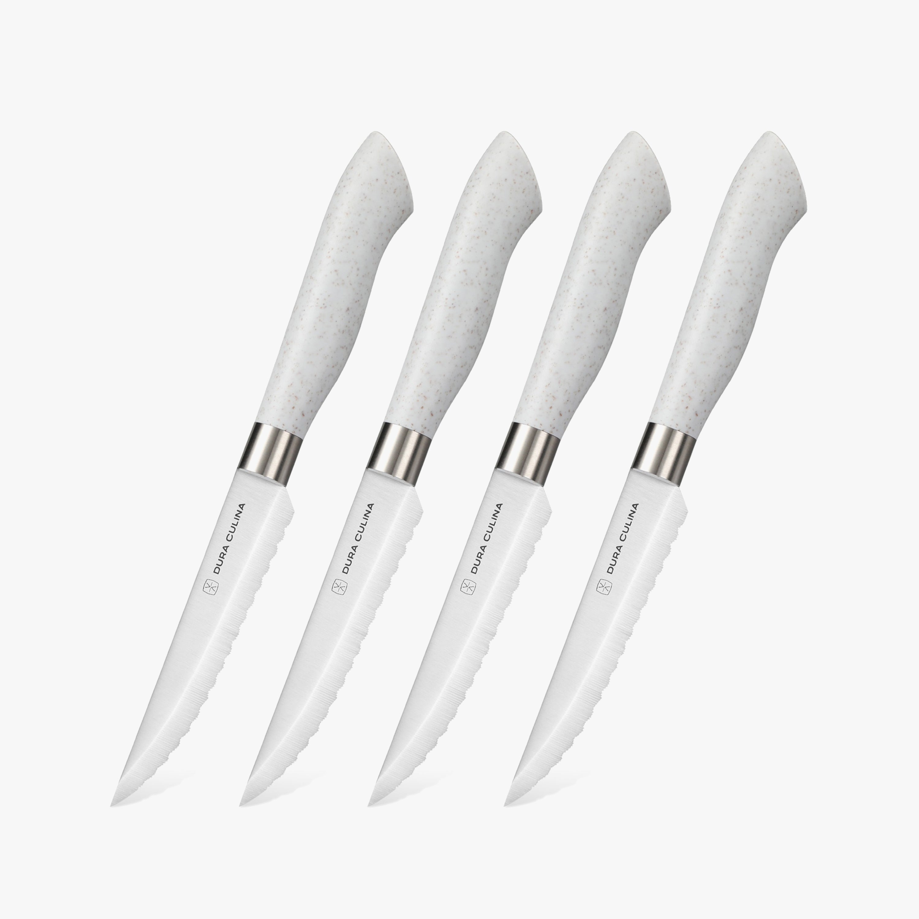 EcoCut 4-piece steak knife set with grey ergonomic handles and micro-serrated high-carbon German steel blades.