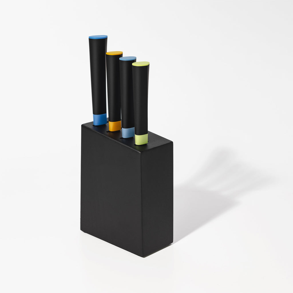 Artistic Edge 5-piece knife block set with colorful ergonomic handles and high-carbon German steel blades