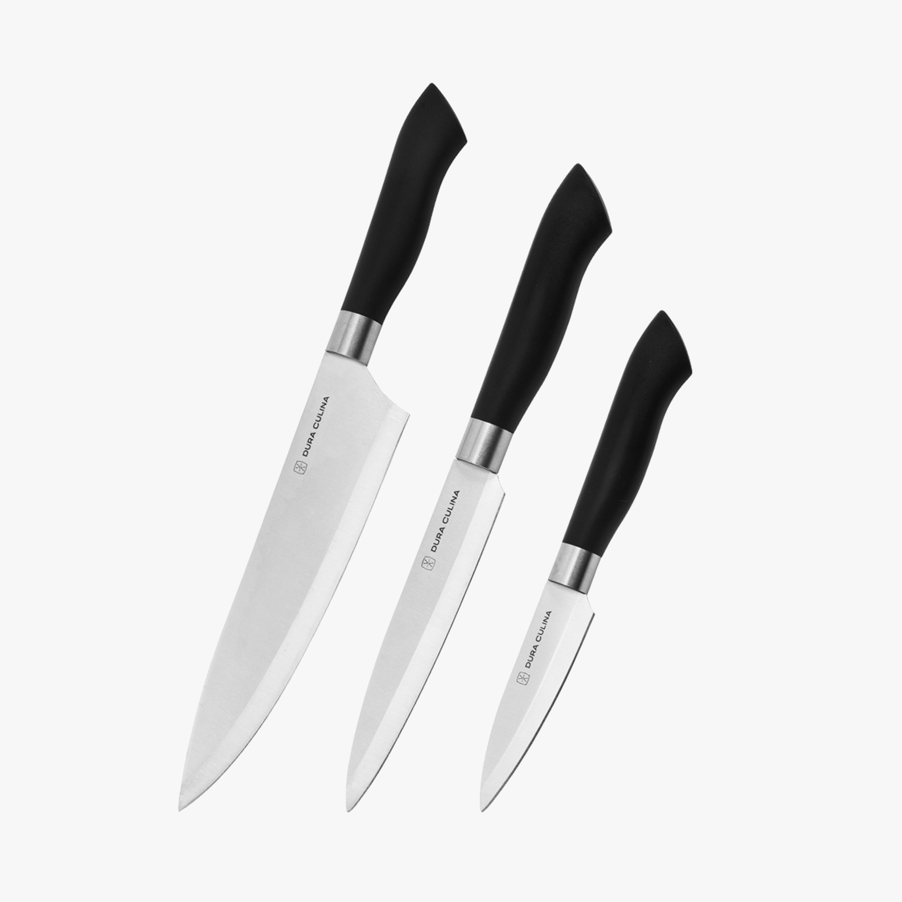 Black 3-piece kitchen knife set with matching blade guards and ergonomic handles for home chefs
