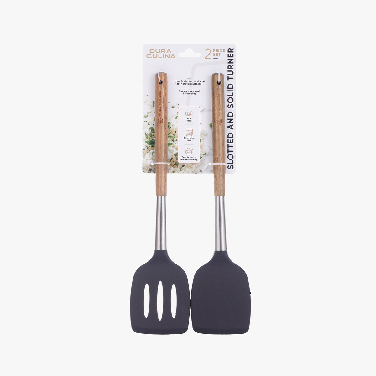2-Piece Solid & Slotted Turner Set - Acacia Wood & Stainless Steel Handles, Silicone Heads, Non-Stick Safe, Black-0