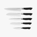 Black 5-piece kitchen knife set with matching protective blade guards forged from high-carbon steel