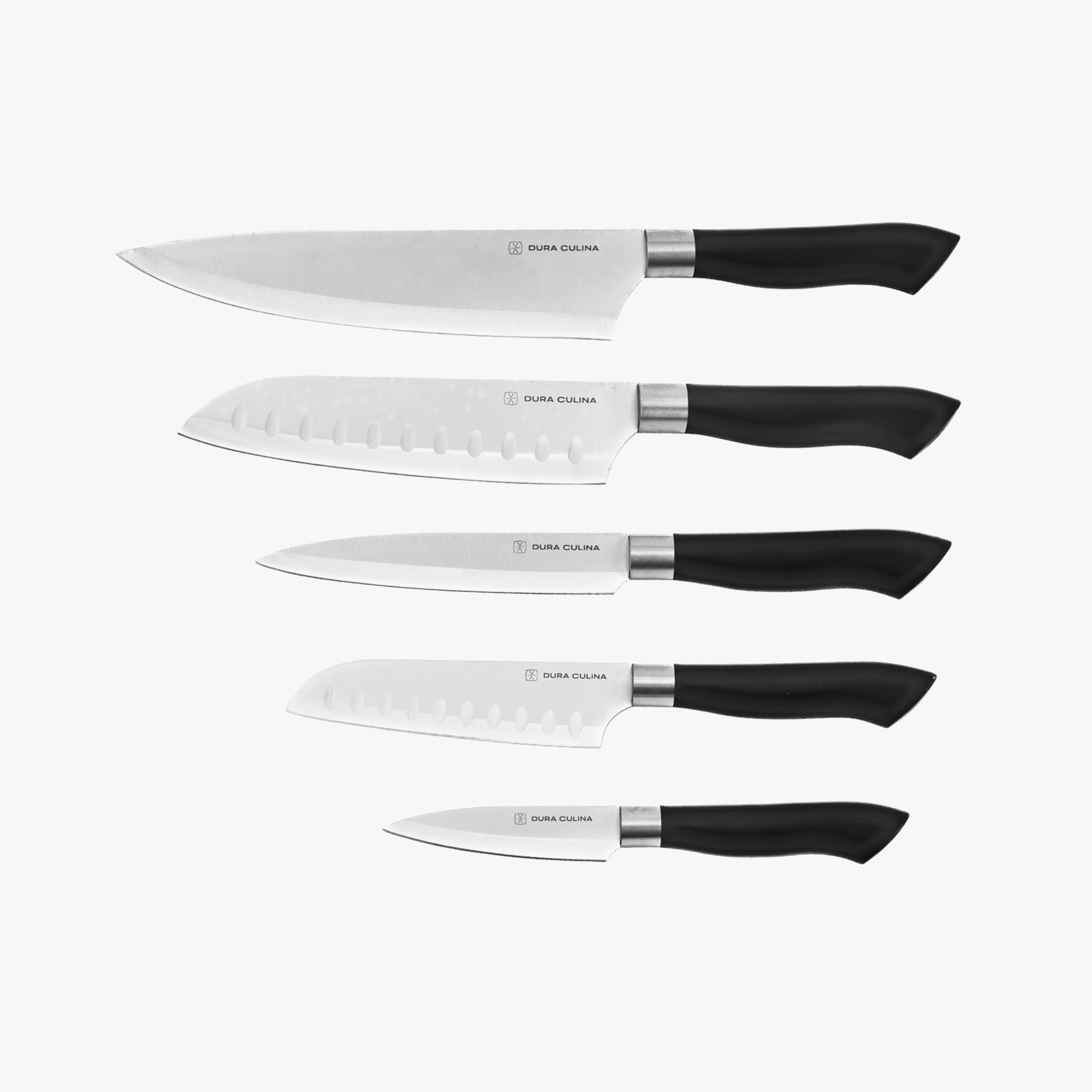 Black 5-piece kitchen knife set with matching protective blade guards forged from high-carbon steel