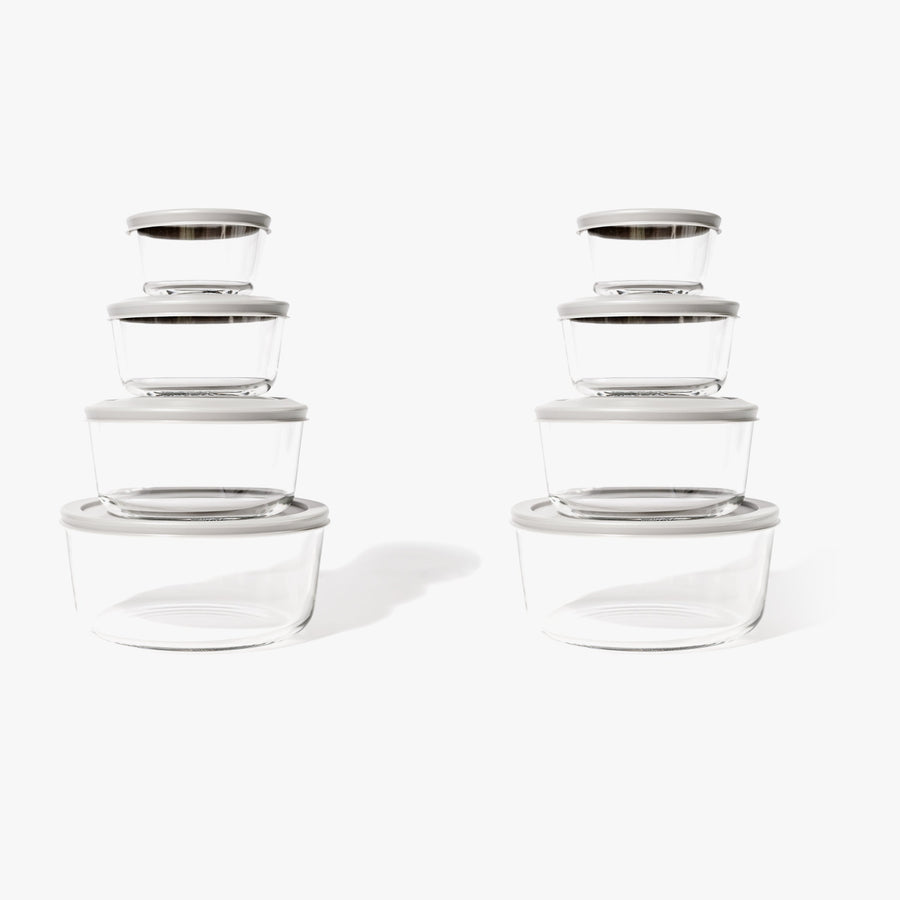 16 Piece Set (8 Containers + 8 Lids) Round Nesting Glass Storage Containers, White