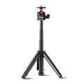 Black foldable tripod selfie stick with aluminum base, adjustable phone clamp, and Bluetooth remote.