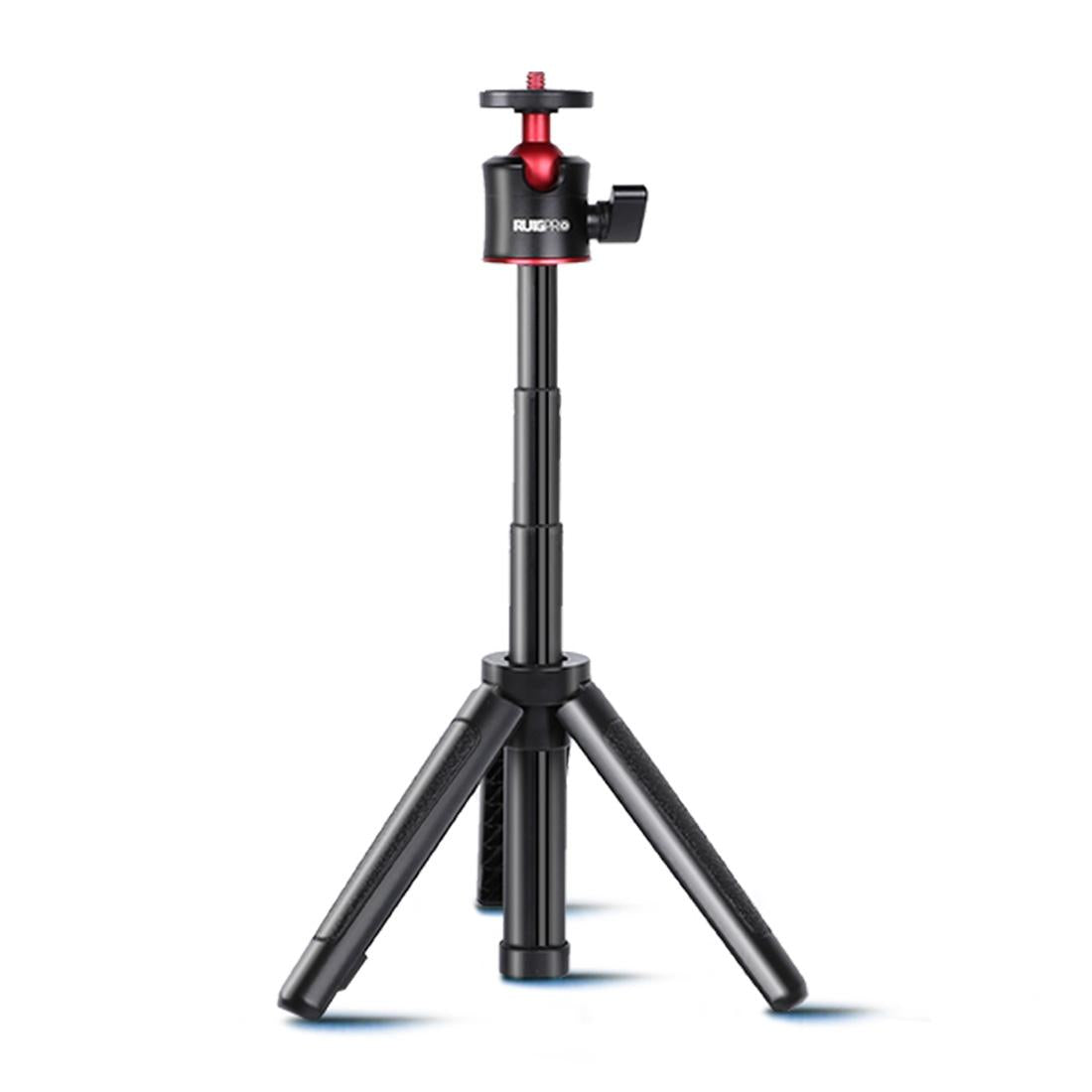 Black foldable tripod selfie stick with aluminum base, adjustable phone clamp, and Bluetooth remote.