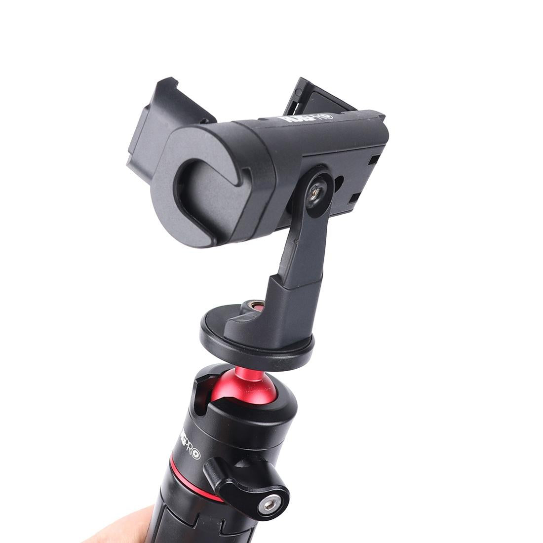 Black foldable tripod selfie stick with aluminum base, adjustable phone clamp, and Bluetooth remote. — view 5