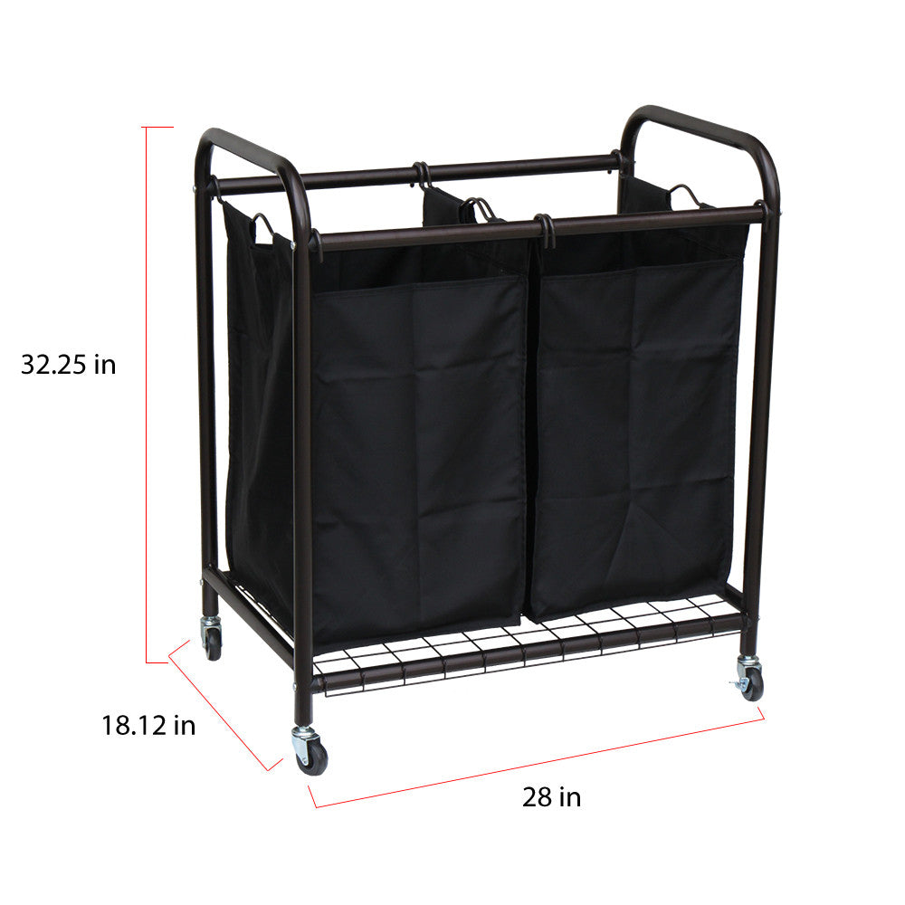Bronze 2-bag rolling laundry sorter cart with black removable bags and four caster wheels — view 6
