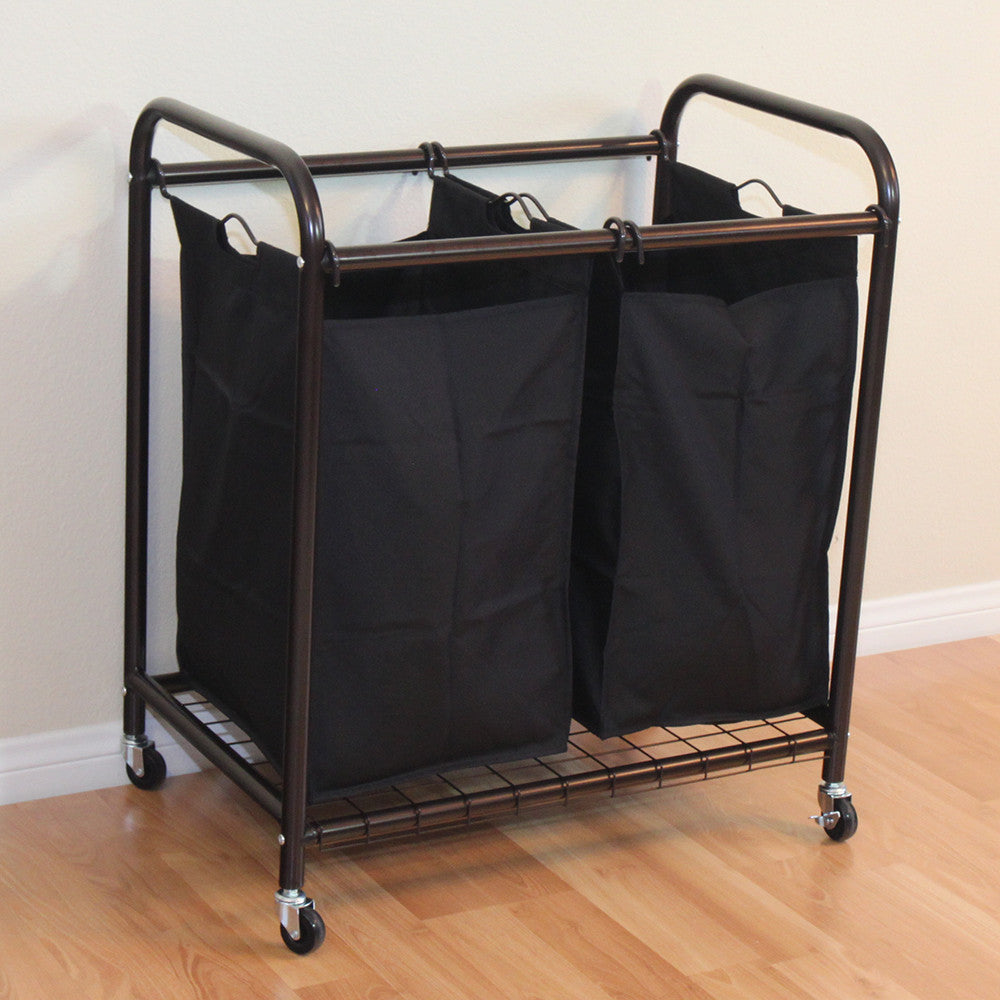 Bronze 2-bag rolling laundry sorter cart with black removable bags and four caster wheels — view 7