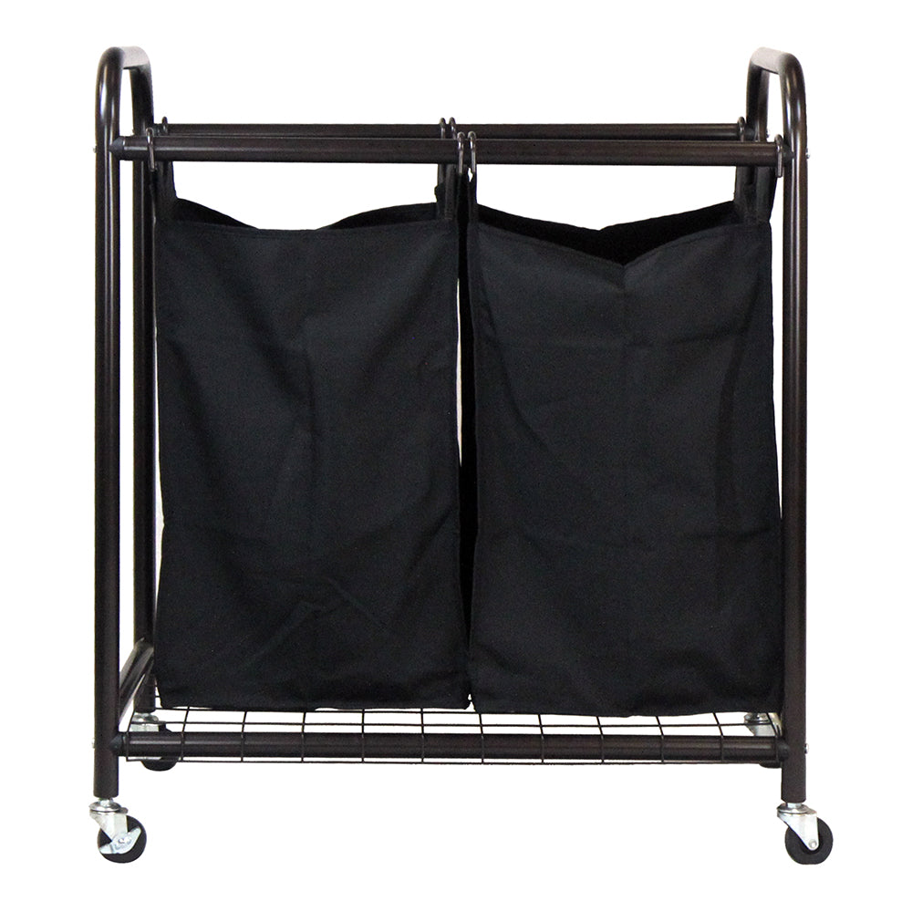 Bronze 2-bag rolling laundry sorter cart with black removable bags and four caster wheels — view 2