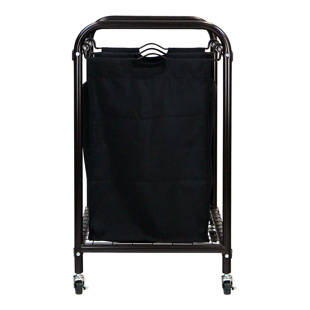 Bronze 2-bag rolling laundry sorter cart with black removable bags and four caster wheels — view 3