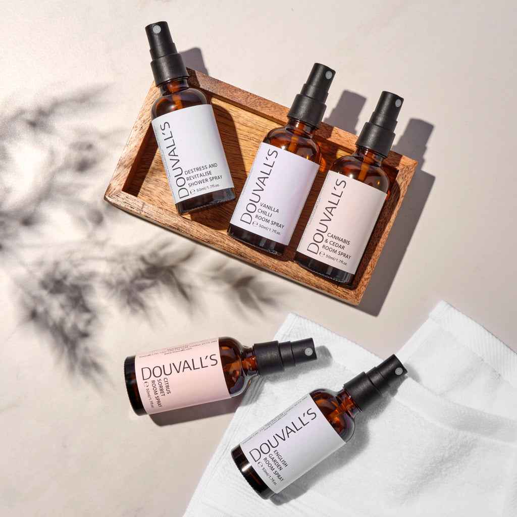 Natural 50ml glass room spray bottle with essential oil blends for home fragrance
