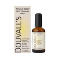 Eco-friendly bottle of Douvalls hydrating Argan self tanning body spray for a natural radiant glow