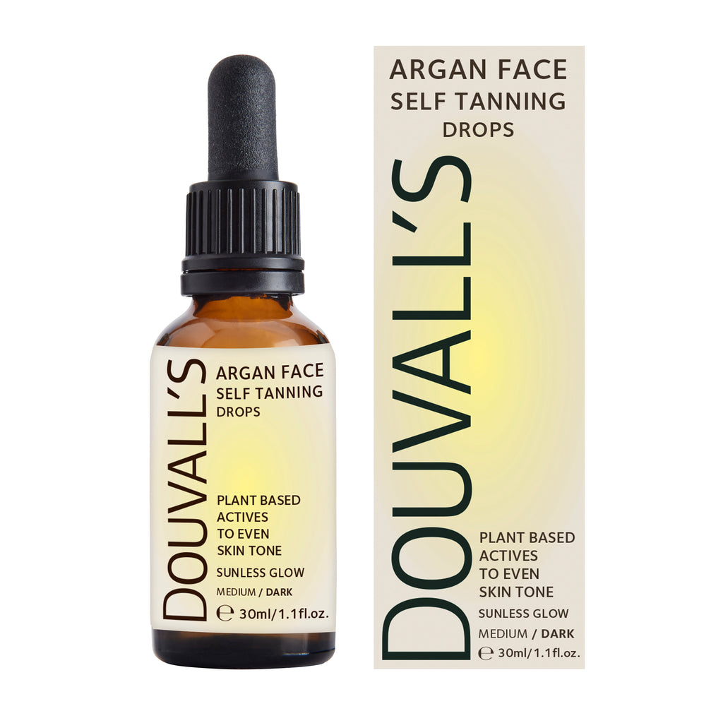 Argan self tanning face drops in an eco-friendly 30ml glass dropper bottle by Douvalls Beauty — view 3