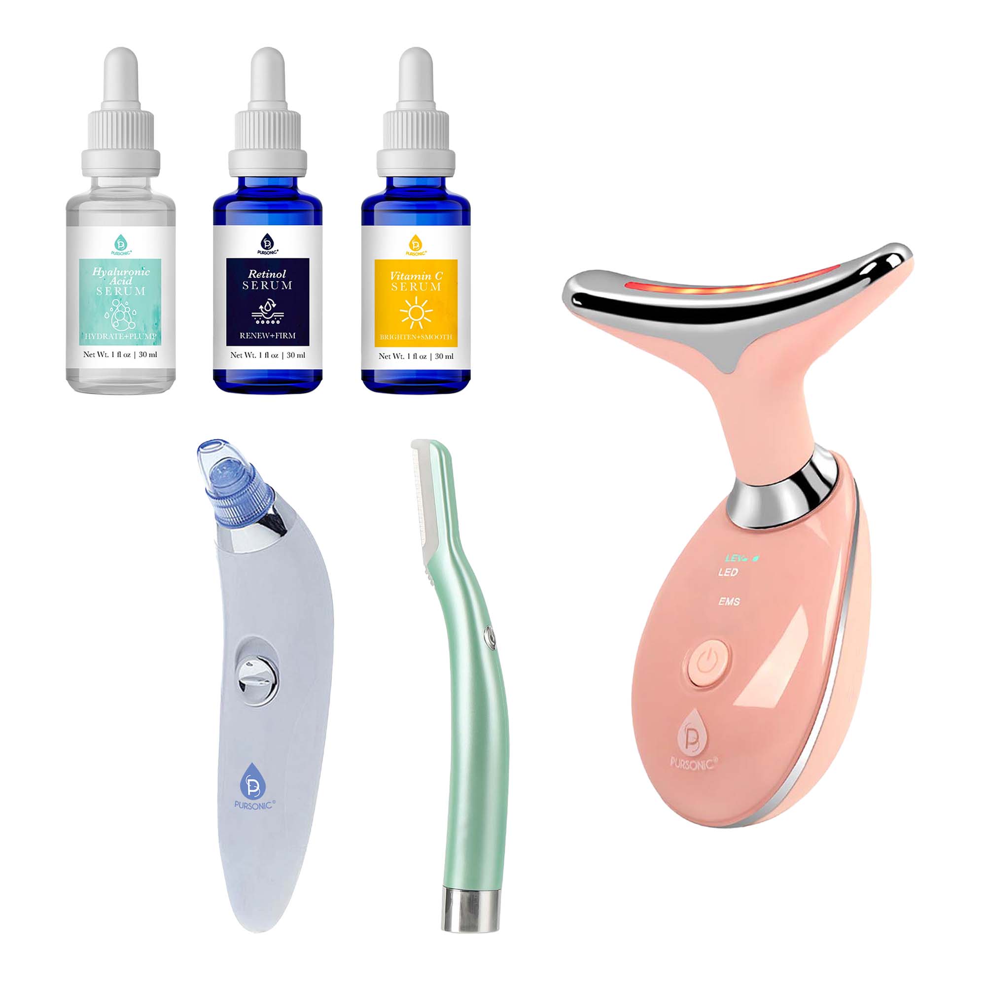 Pursonic ultimate glow skincare bundle with LED therapy device, pore vacuum, dermaplaning tool and serums