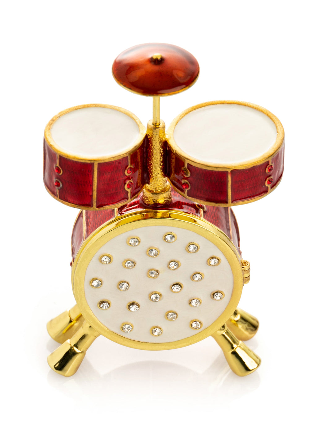 Drum set trinket box featuring hand-painted enamel, gold accents, and sparkling Austrian crystals.