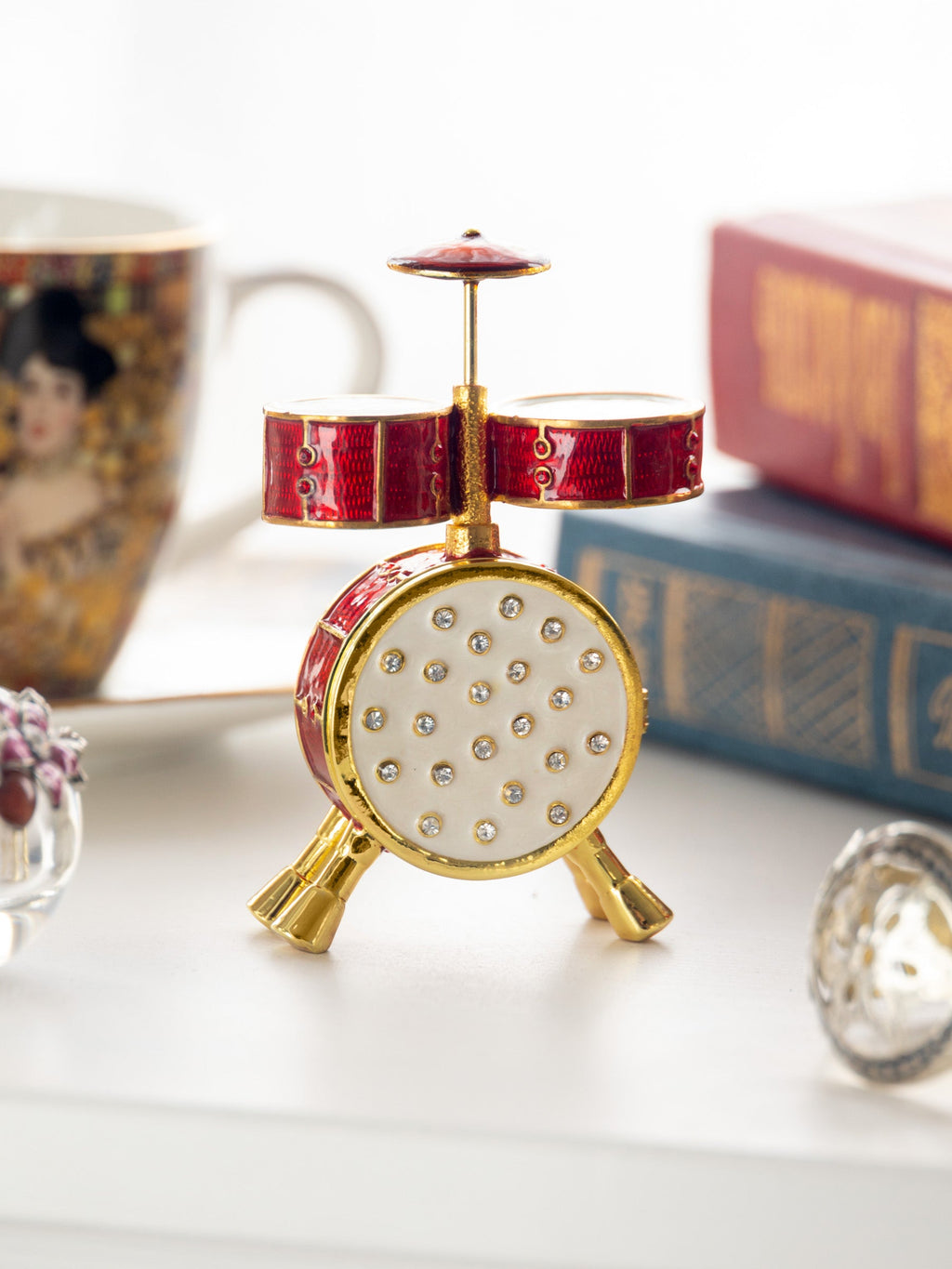 Drum set trinket box featuring hand-painted enamel, gold accents, and sparkling Austrian crystals. — view 2