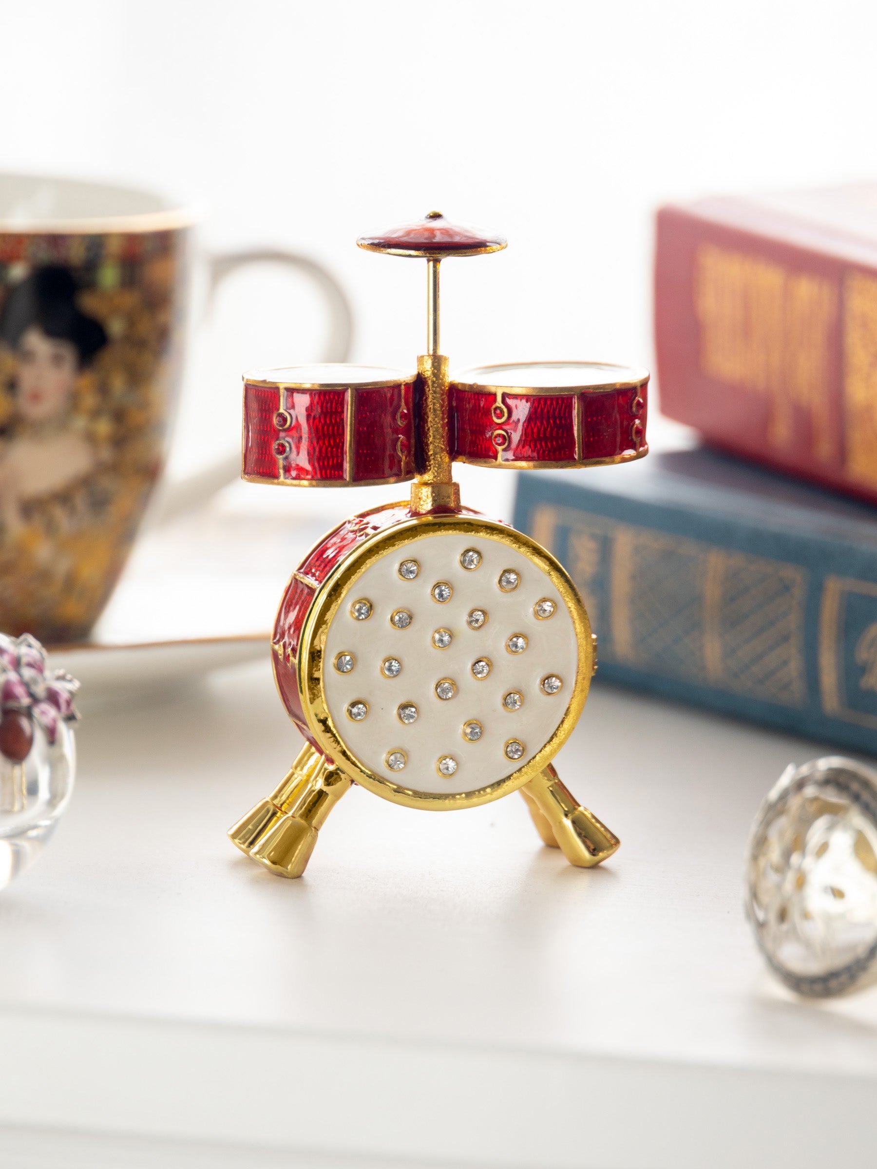Drum set trinket box featuring hand-painted enamel, gold accents, and sparkling Austrian crystals. — view 2
