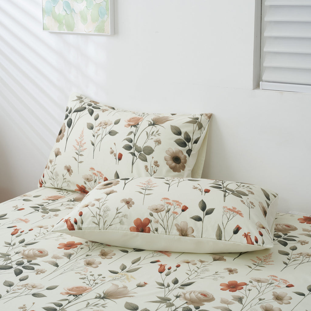 Enchanted Meadow floral bed sheet set with soft beige, rose, and green botanical microfiber prints. — view 5