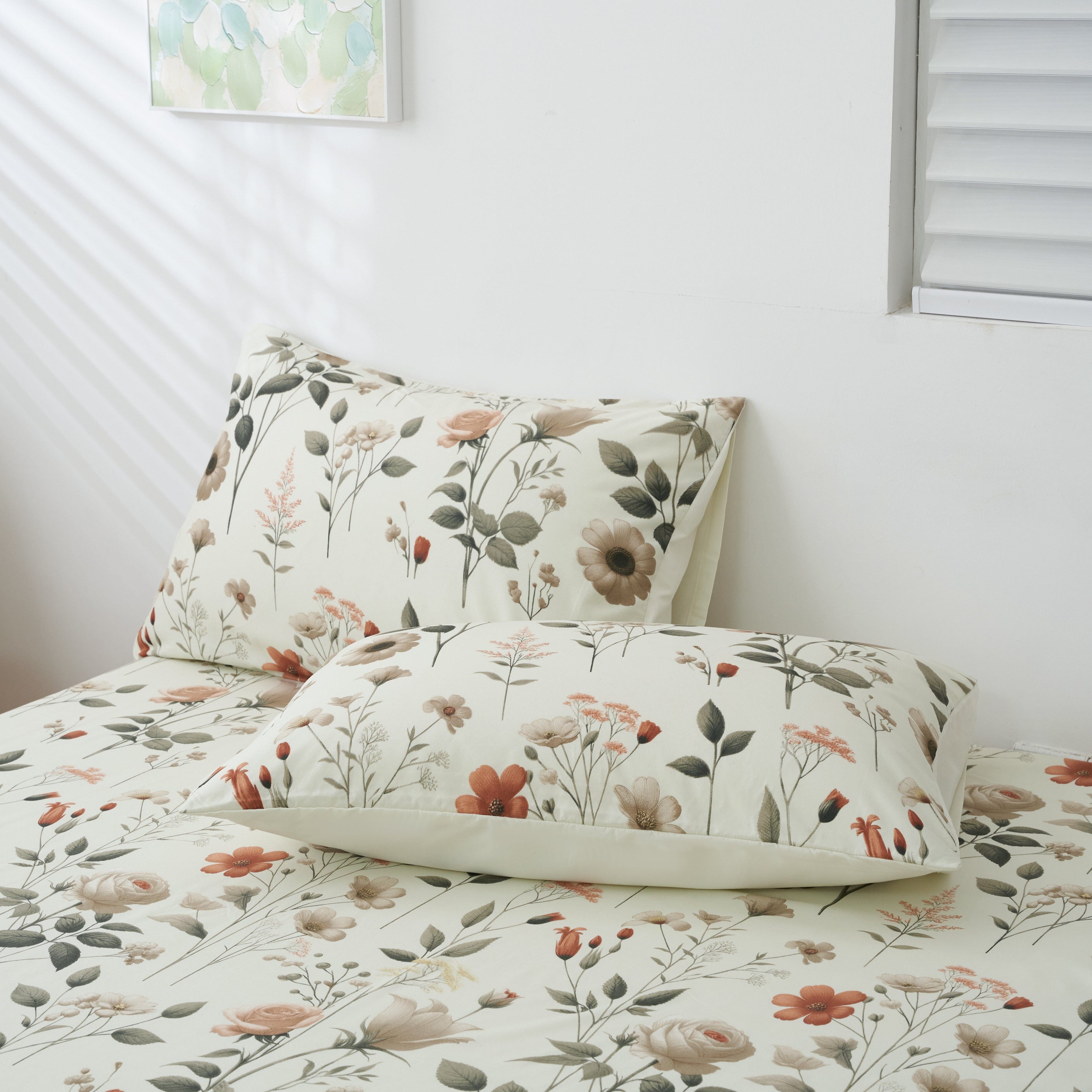 Enchanted Meadow floral bed sheet set with soft beige, rose, and green botanical microfiber prints. — view 5