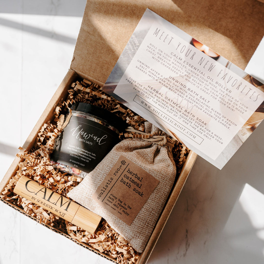 Relaxing bath gift set with essential oil roller, Epsom bath salts, and oatmeal lavender soak