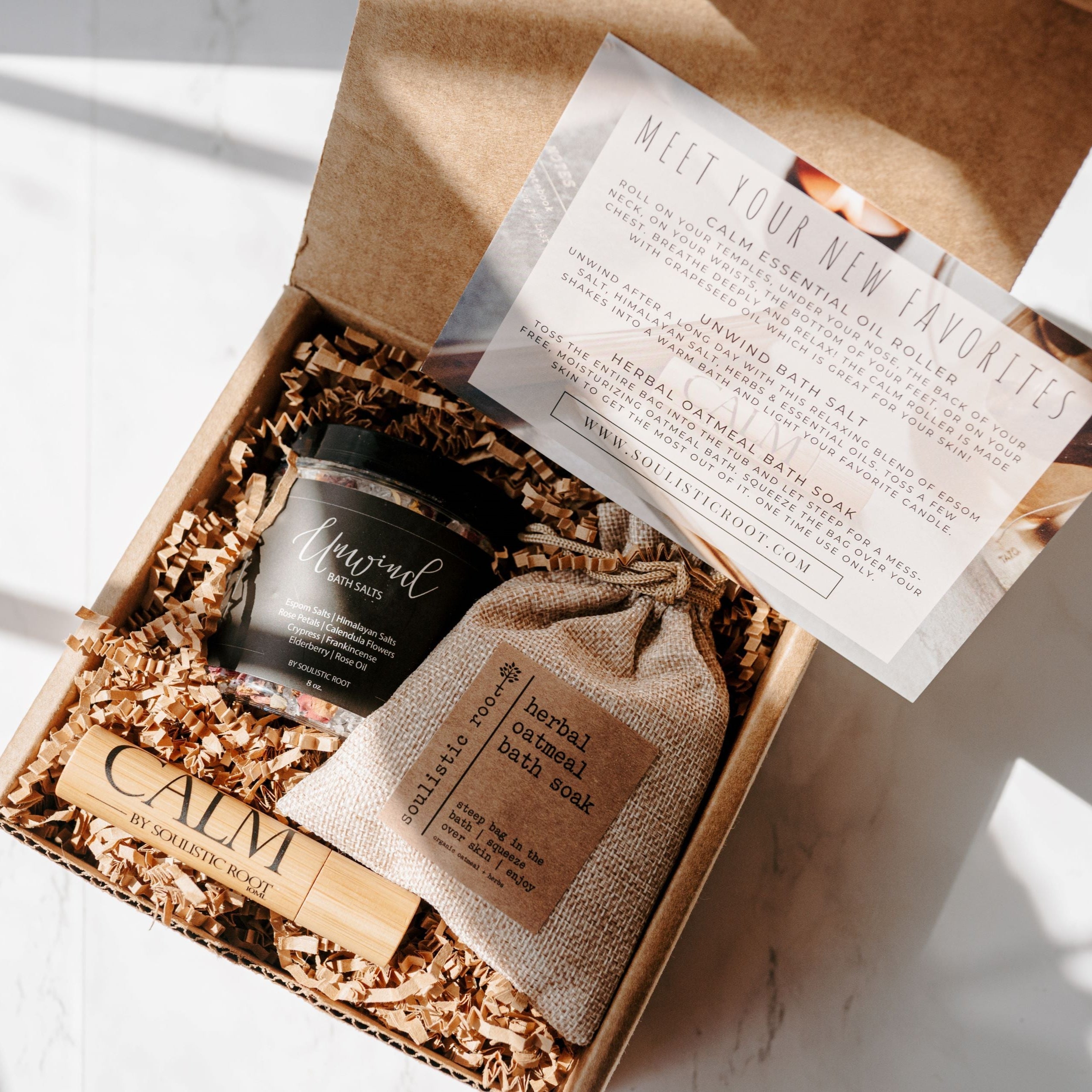 Relaxing bath gift set with essential oil roller, Epsom bath salts, and oatmeal lavender soak