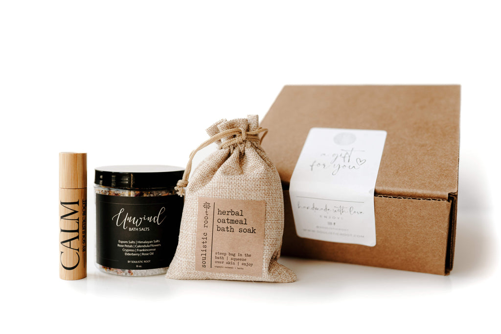 Relaxing bath gift set with essential oil roller, Epsom bath salts, and oatmeal lavender soak — view 3
