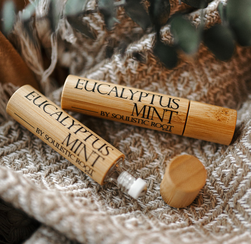 Eucalyptus mint essential oil roller with shatterproof bamboo casing and stainless steel roller ball