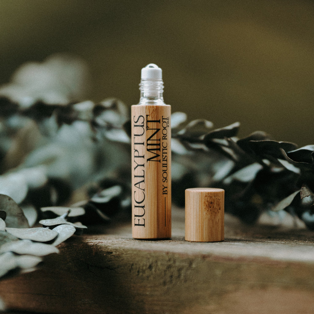 Eucalyptus mint essential oil roller with shatterproof bamboo casing and stainless steel roller ball — view 2