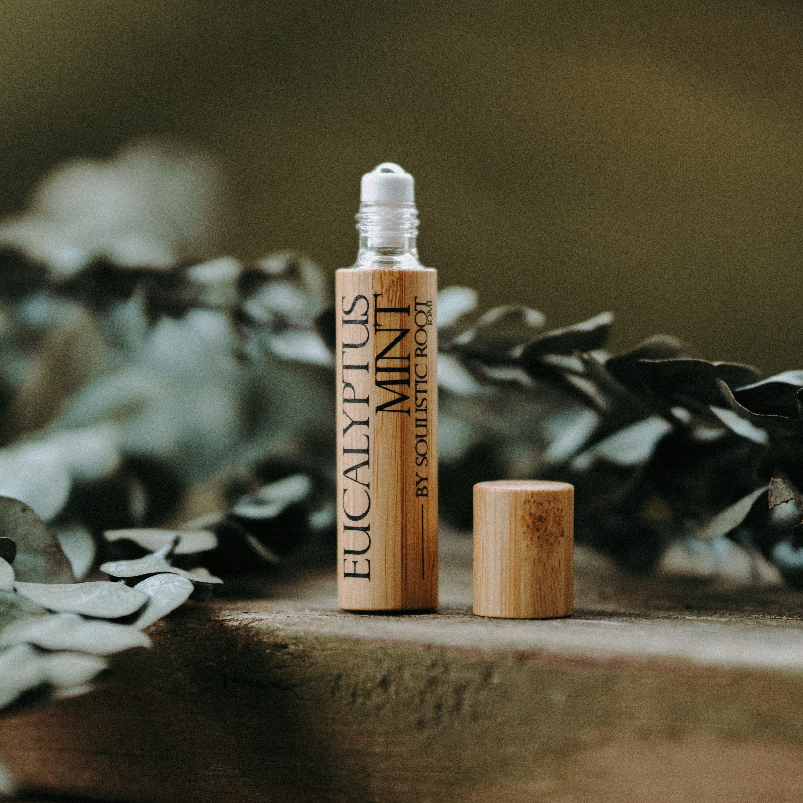 Eucalyptus mint essential oil roller with shatterproof bamboo casing and stainless steel roller ball — view 2