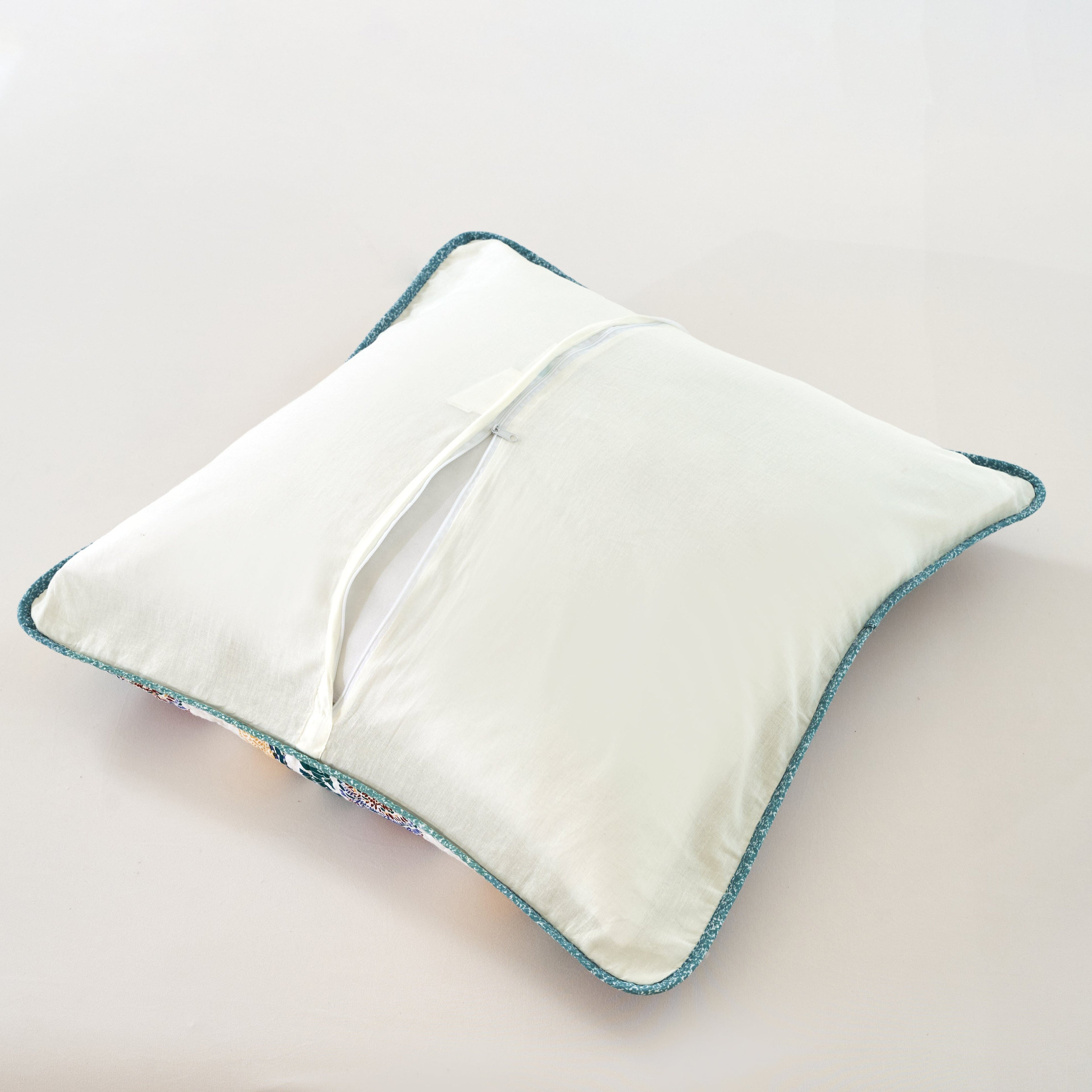 Cotton patchwork Euro pillow sham with blue and yellow bohemian floral and geometric patterns — view 2