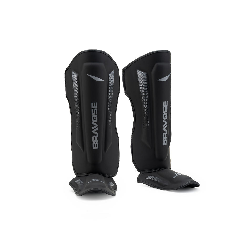 Bravose MMA shin guards in synthetic leather with high density padding and dual adjustable straps