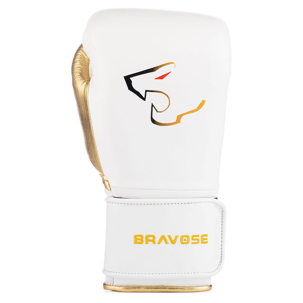 White and gold cowhide leather boxing gloves with secure velcro fastening straps and reinforced protective cuffs — view 2