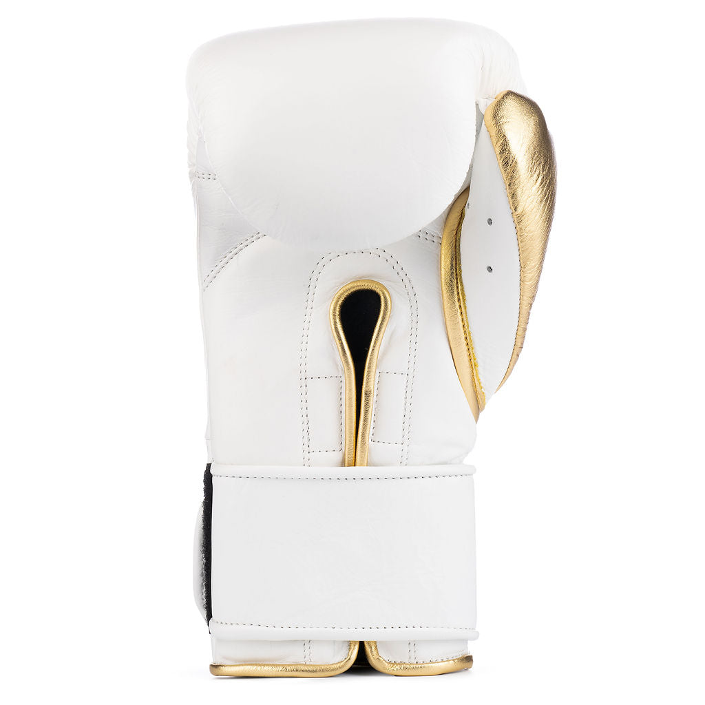 White and gold cowhide leather boxing gloves with secure velcro fastening straps and reinforced protective cuffs — view 4