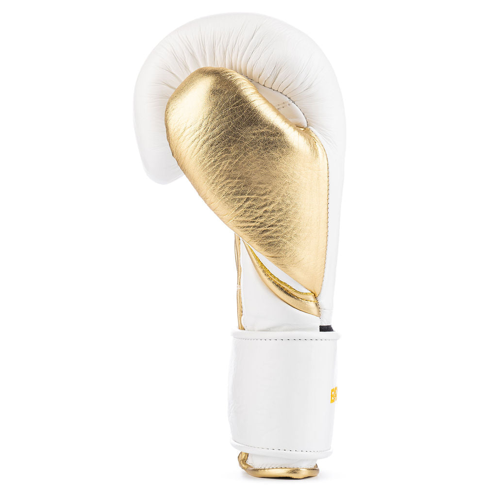 White and gold cowhide leather boxing gloves with secure velcro fastening straps and reinforced protective cuffs — view 3