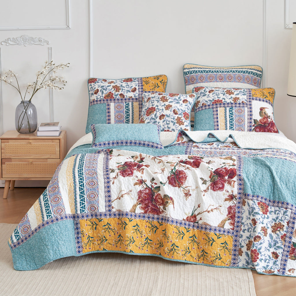 Cotton patchwork Euro pillow sham with blue and yellow bohemian floral and geometric patterns — view 4