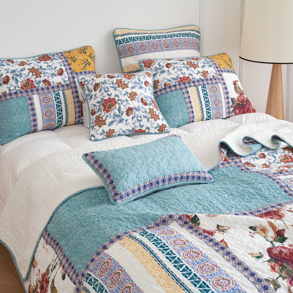 Cotton patchwork Euro pillow sham with blue and yellow bohemian floral and geometric patterns — view 5