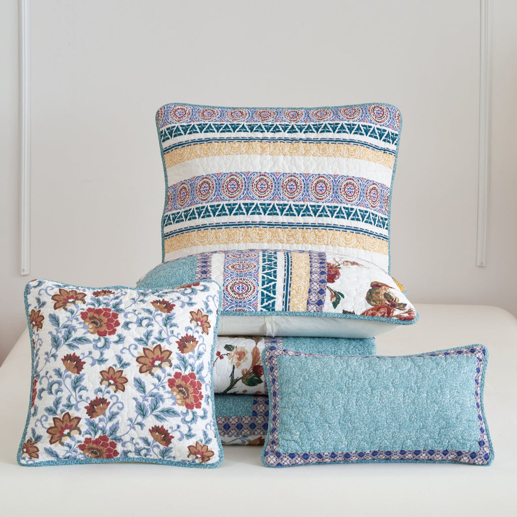 Cotton patchwork Euro pillow sham with blue and yellow bohemian floral and geometric patterns — view 3