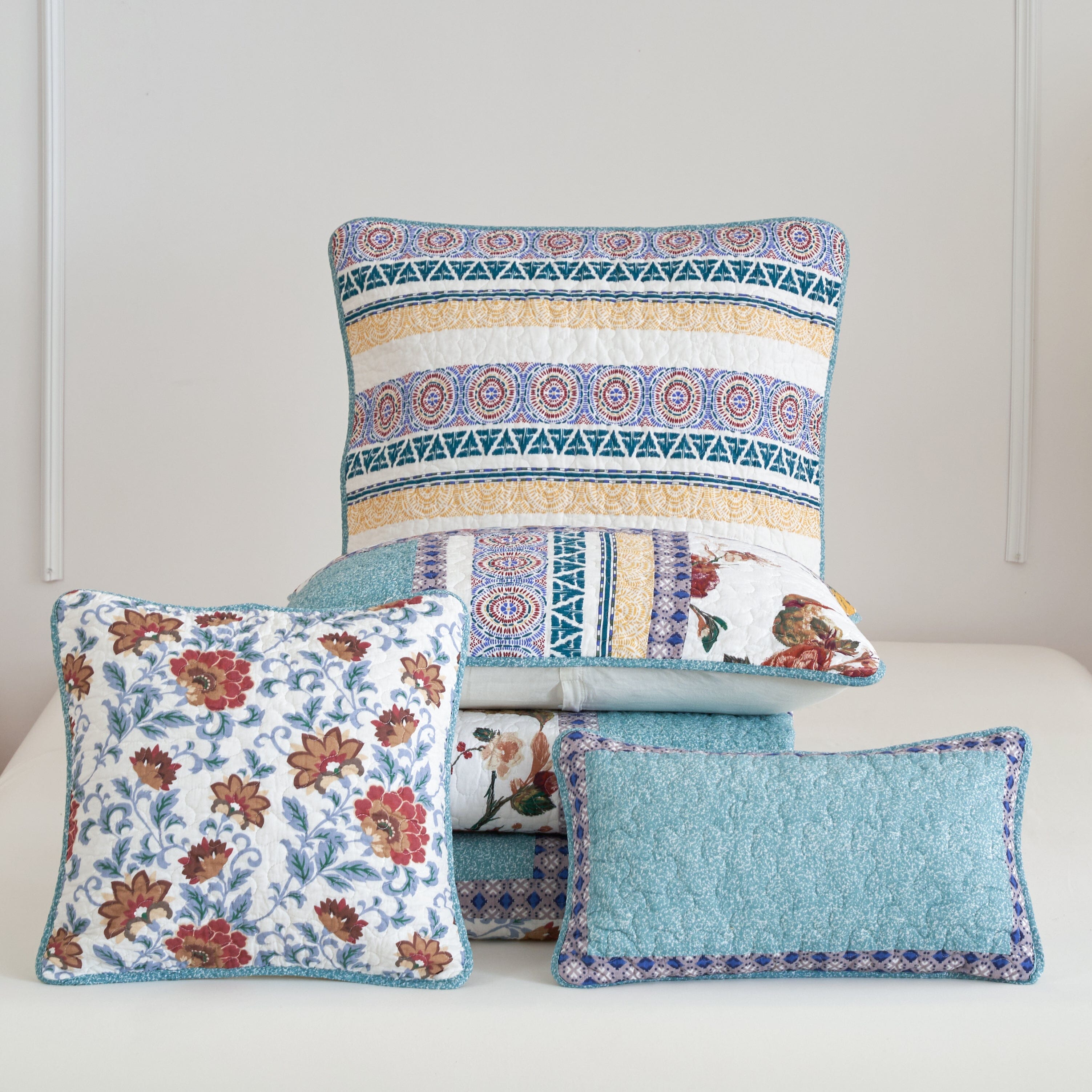 Cotton patchwork Euro pillow sham with blue and yellow bohemian floral and geometric patterns — view 3