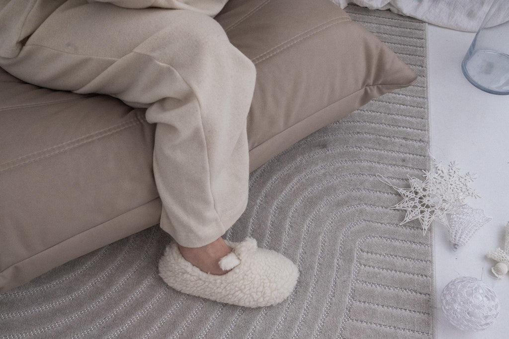 White natural wool adult slippers with a premium cork insole and genuine leather sole — view 5
