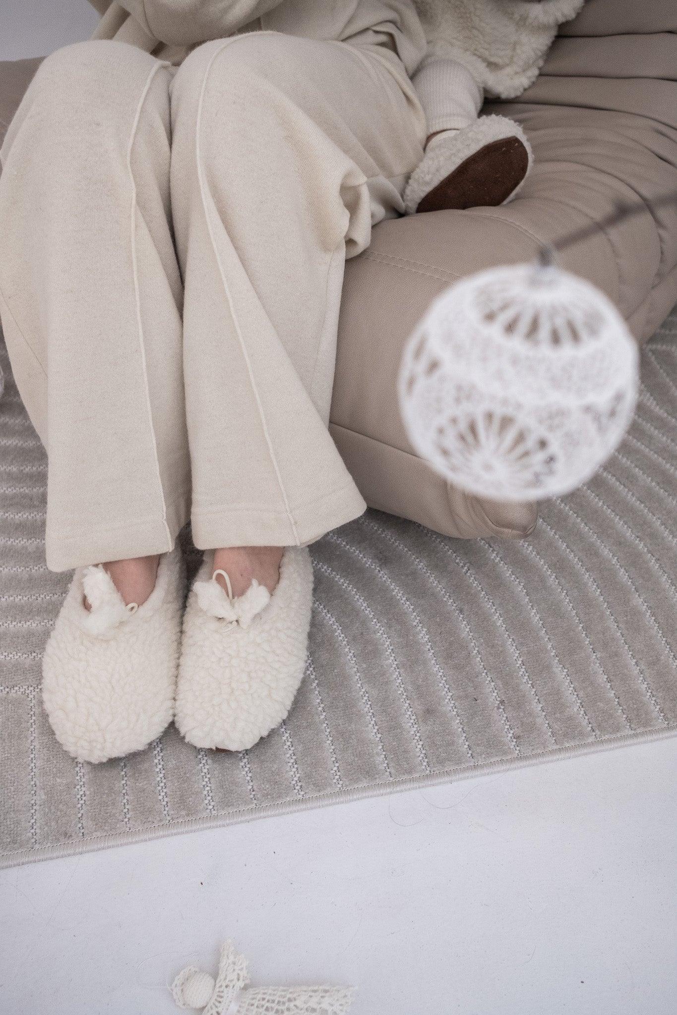 White natural wool adult slippers with a premium cork insole and genuine leather sole — view 2