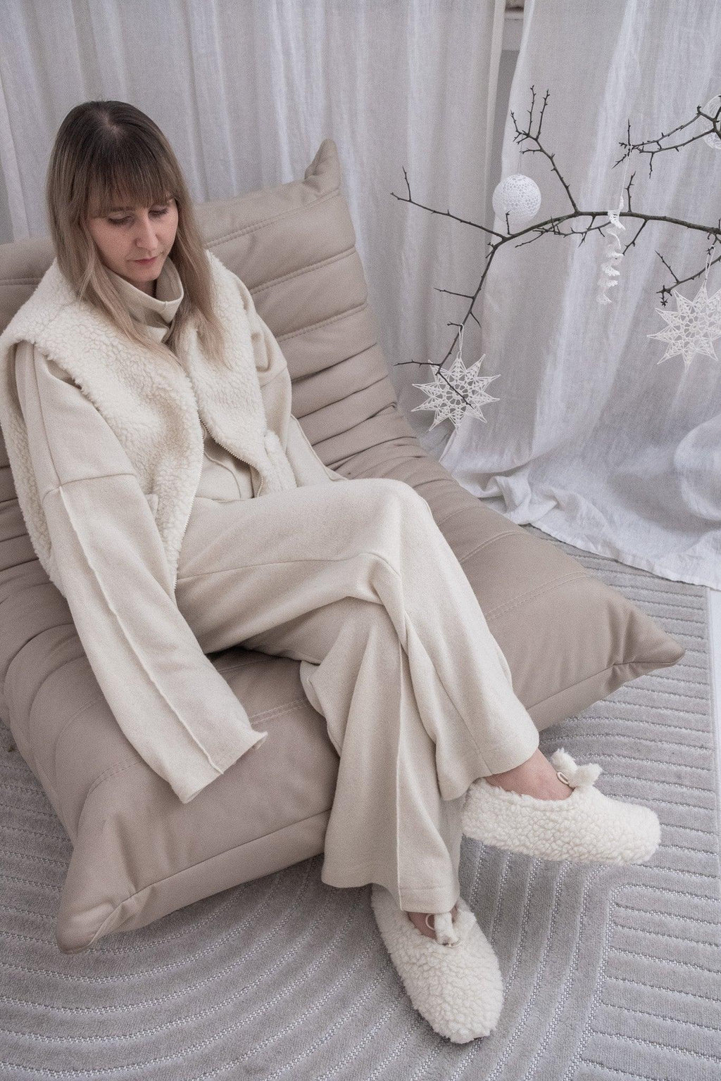 White natural wool adult slippers with a premium cork insole and genuine leather sole — view 3