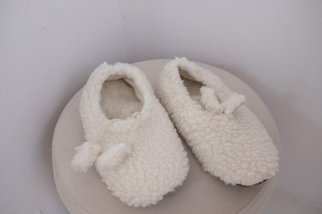 White natural wool adult slippers with a premium cork insole and genuine leather sole — view 4