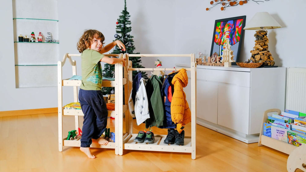 Montessori wooden wardrobe set and clothes rack made of natural birch wood for toddlers.