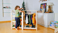 Montessori wooden wardrobe set and clothes rack made of natural birch wood for toddlers.