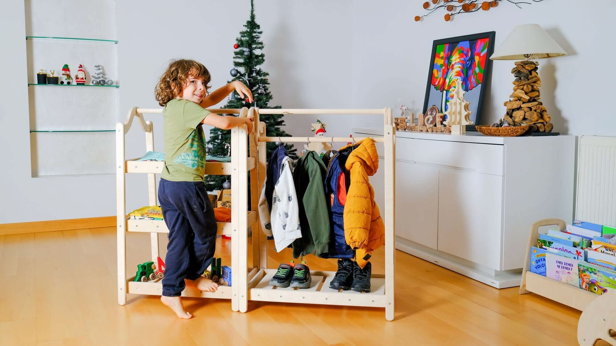 Montessori wooden wardrobe set and clothes rack made of natural birch wood for toddlers.
