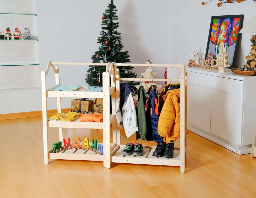 Montessori wooden wardrobe set and clothes rack made of natural birch wood for toddlers. — view 2