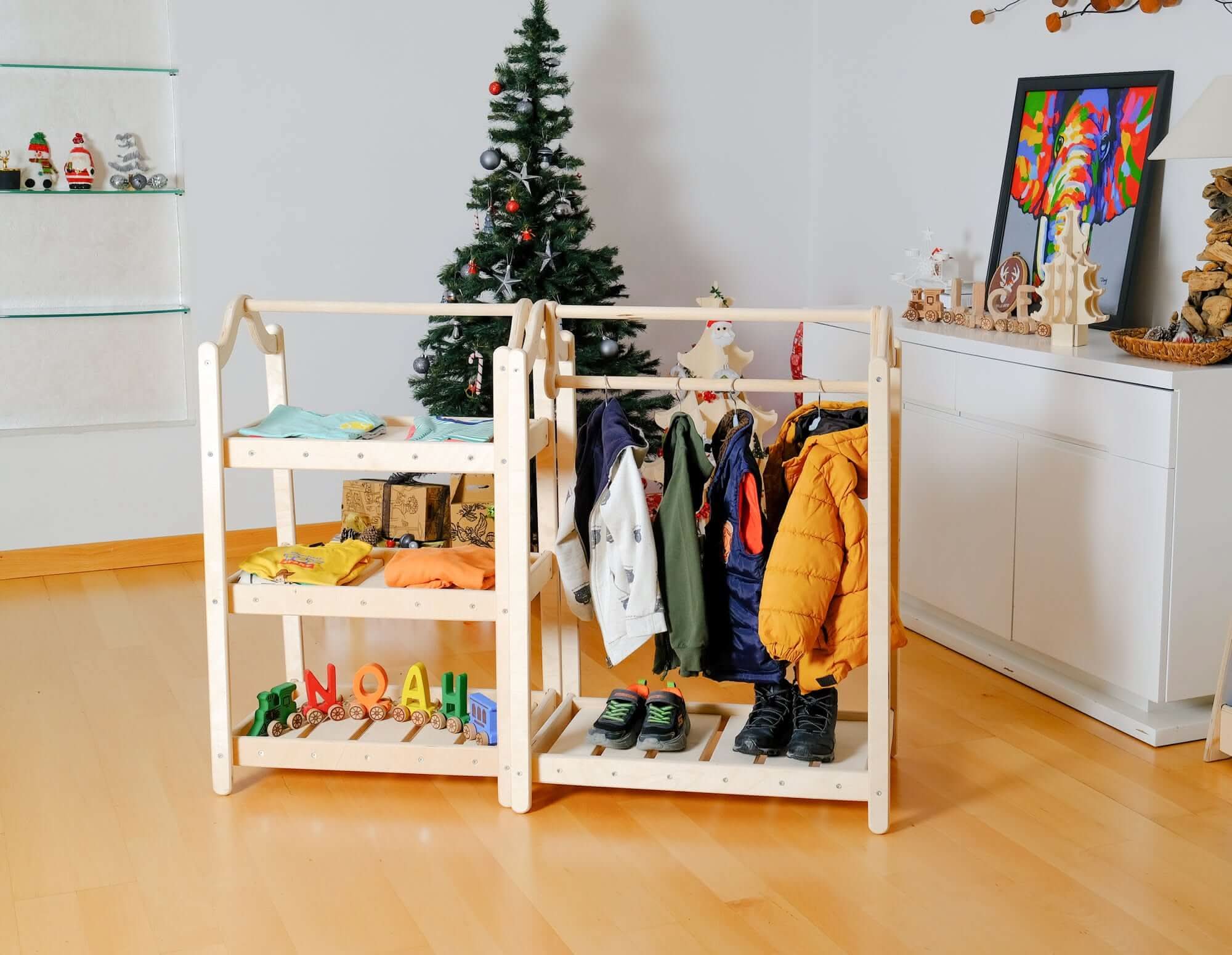 Montessori wooden wardrobe set and clothes rack made of natural birch wood for toddlers. — view 2