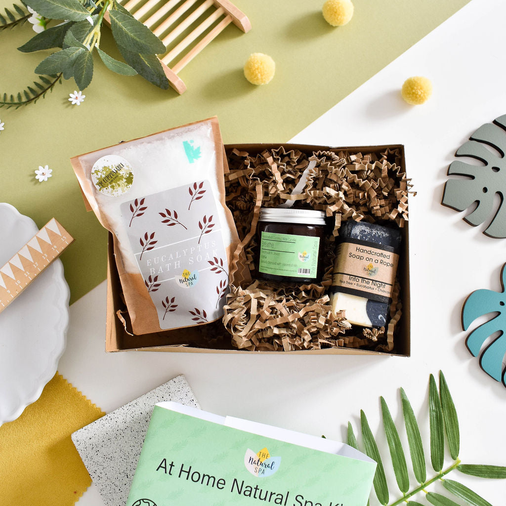 Breathe at home natural spa gift set with eucalyptus bath soak, candle, and soap on rope — view 3