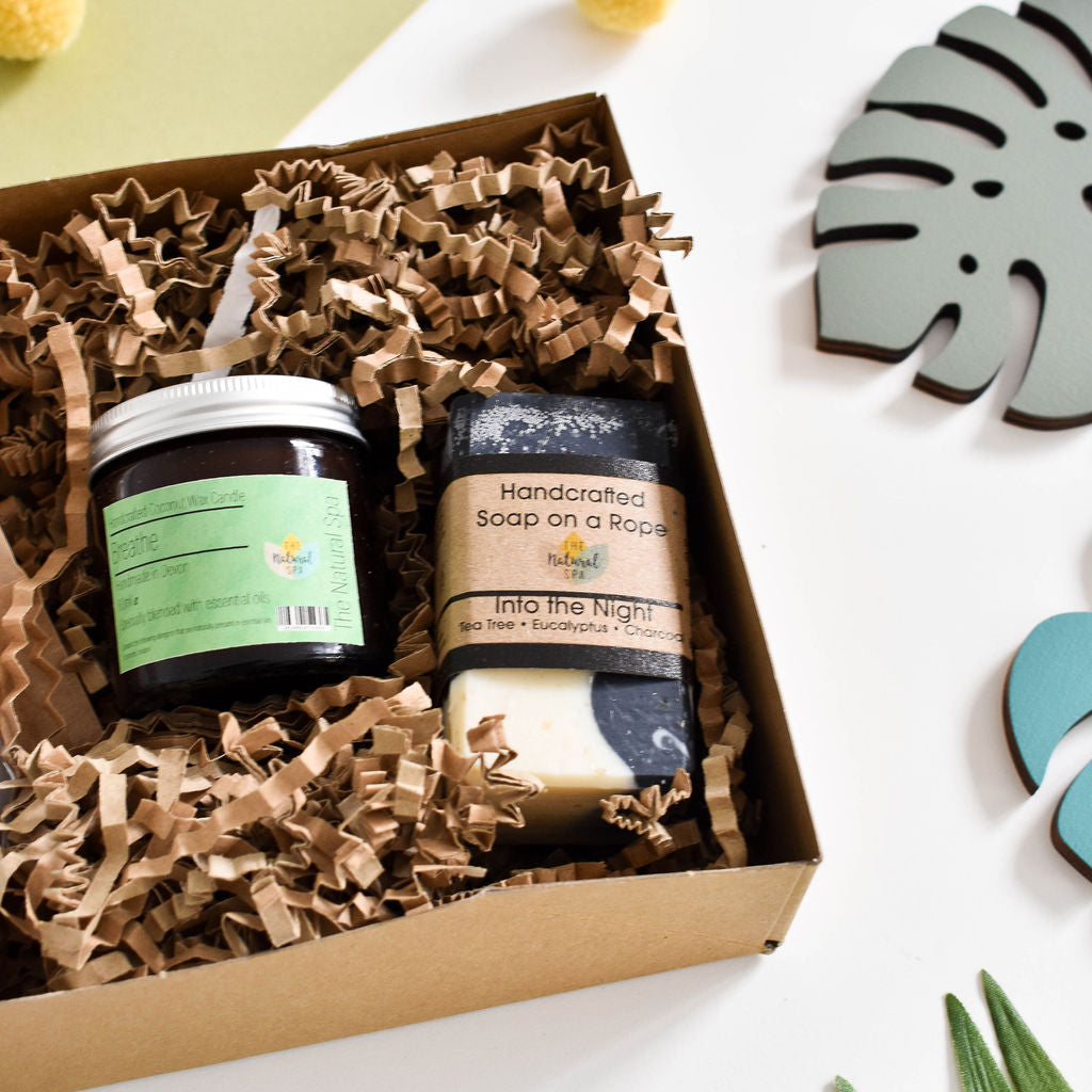 Breathe at home natural spa gift set with eucalyptus bath soak, candle, and soap on rope — view 4